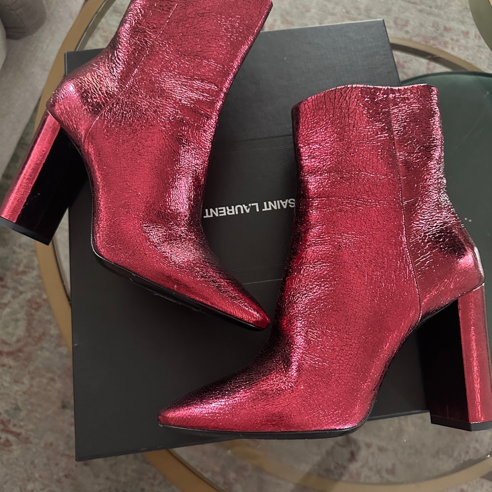 Saint Laurent Red Metal Barolo Ankle Boots size 40
